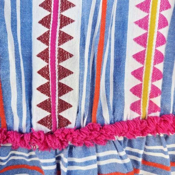 Boden Made In India V Neck Striped Dress Fringe Short Sleeve Blue Pink sz 12 - Picture 4 of 5